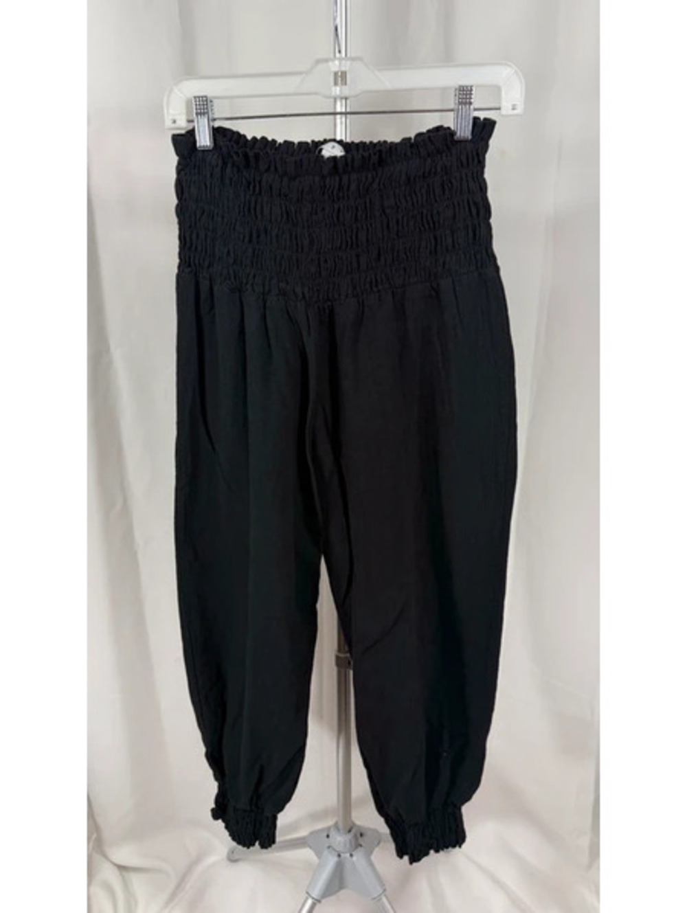 Black Smocked Waist Jogger Pants 100 Cotton Cuffed Ankle Boho Harem Style L - Picture 6 of 7